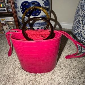 Pink Croc-Embossed Bucket Bag with Tortoise Handles